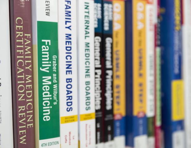 Medical books on library shelf
