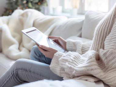 Person in a cream sweater using a tablet while sitting on a couch in a bright, cozy living room.