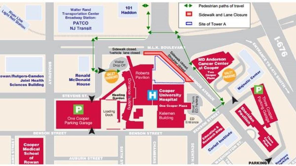 Map of Cooper University Health Care Campus in Camden, indicating lane closures and pedestrian paths of travel during Project Imagine construction.
