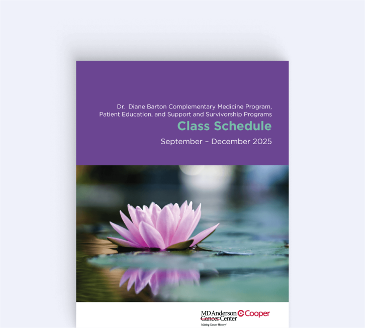 Cover of the Dr. Diane Barton Complementary Medicine Program Class Schedule for September–December 2025, featuring a purple header with text and a photo of a pink lotus flower on water. Logos of MD Anderson Cancer Center and Cooper University Health Care at the bottom.